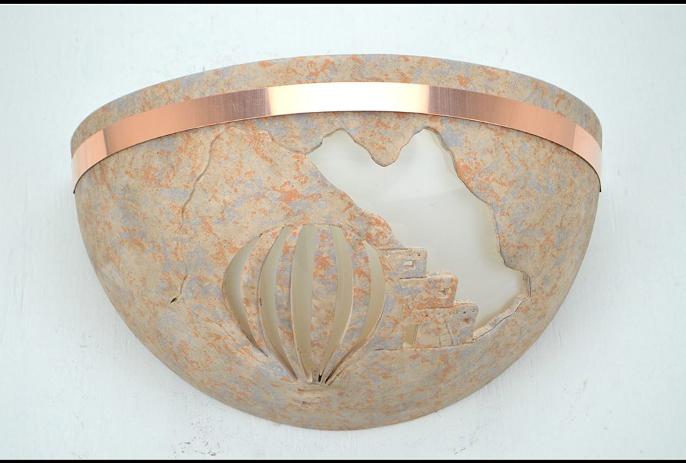 Large Bowl Wall Light-Pueblo Balloon-Sandstone-Top Copper Band-Indoor-Covered Outdoor-Up Light