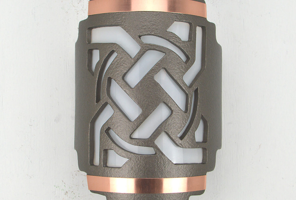 12″ Wall Light-Celtic Circle-Stairstep Handcut- Anodized Bronze – Copper Bands – Indoor -Outdoor