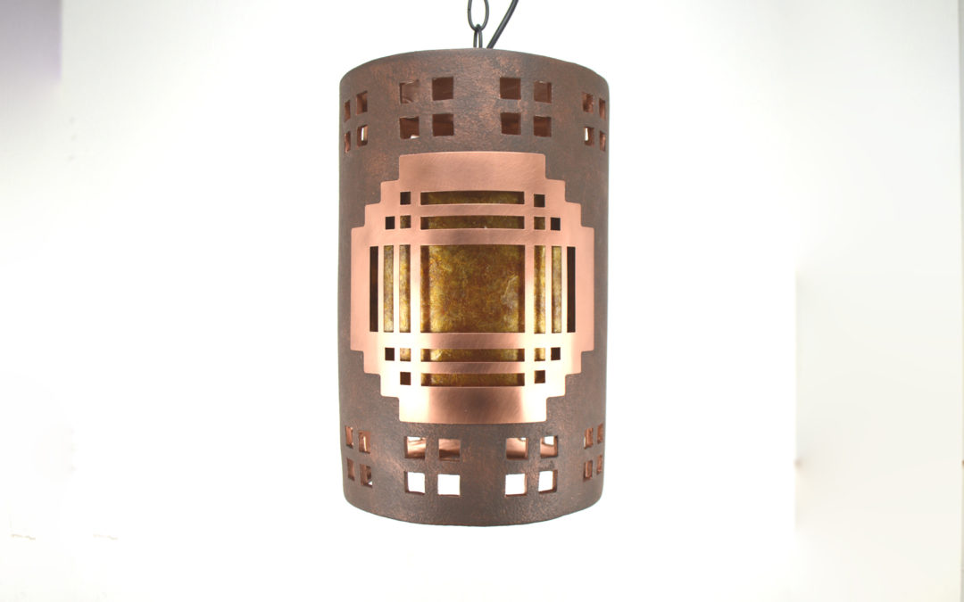 12″ Pendant light Mission Copper Cover-Amber Mica-Windows Top and Bottom Border-Black Hardware-Interior-Exterior